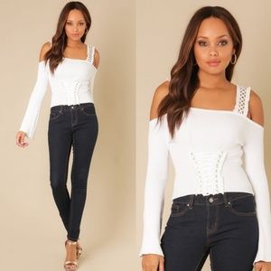 Cold Shoulder Lace- Up Corset Style Sweater Top